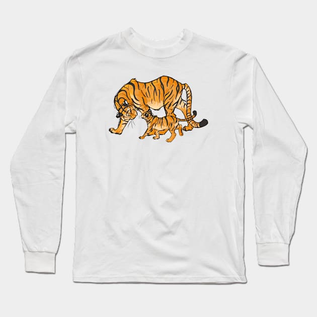 Illustrated Tiger Mama & Cub Long Sleeve T-Shirt by CloudWalkerDesigns